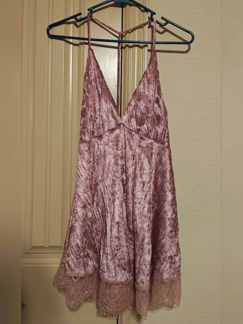 Velvet Lace-Trim Spaghetti Strap Dress - Dusty Rose Maronie NWOT Sz M Fairycore